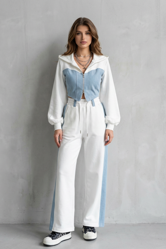 Set Women - Two-Piece Outfit with Cropped Hoodie and Denim Panels