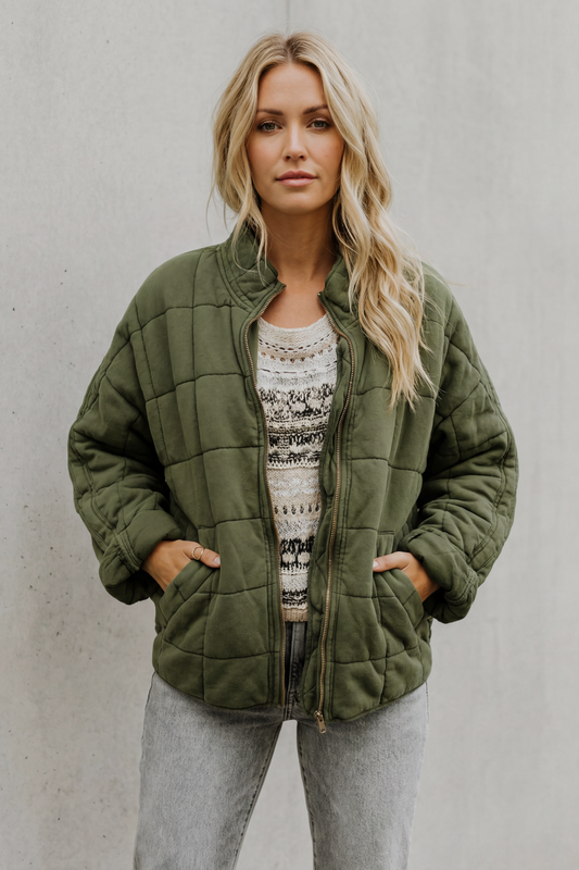 Jacket Women - Quilted Jacket with Grid Stitching and Fleece Lining
