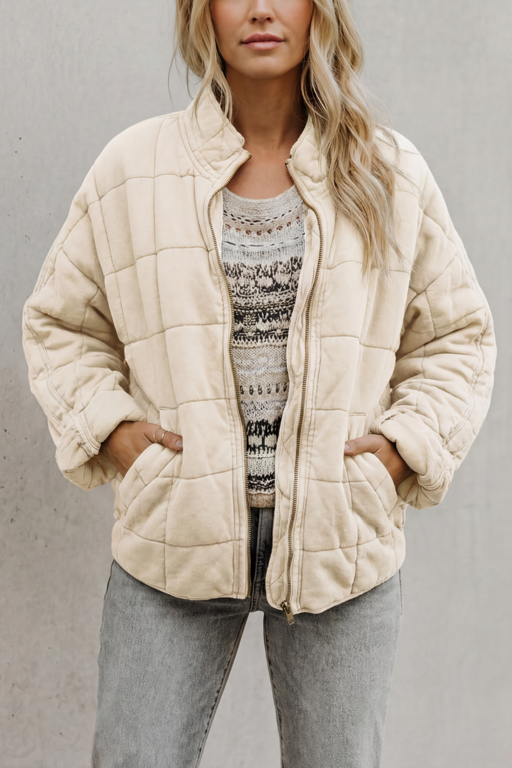 Jacket Women - Quilted Jacket with Grid Stitching and Fleece Lining