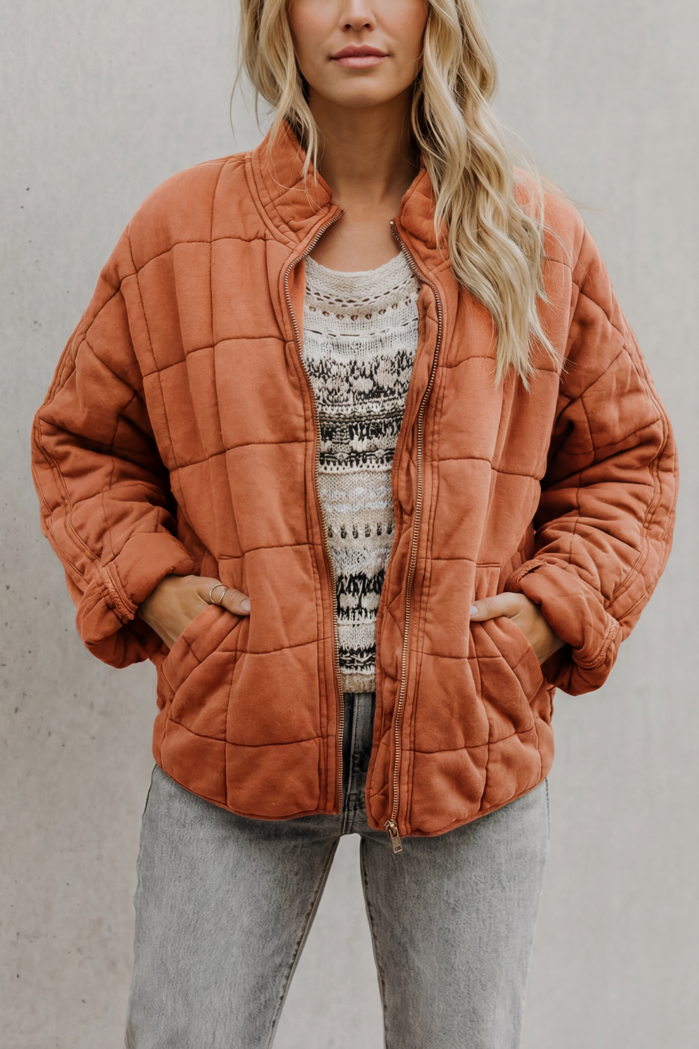 Jacket Women - Quilted Jacket with Grid Stitching and Fleece Lining