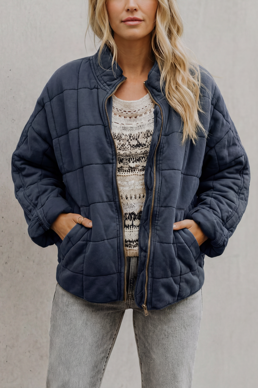 Jacket Women - Quilted Jacket with Grid Stitching and Fleece Lining