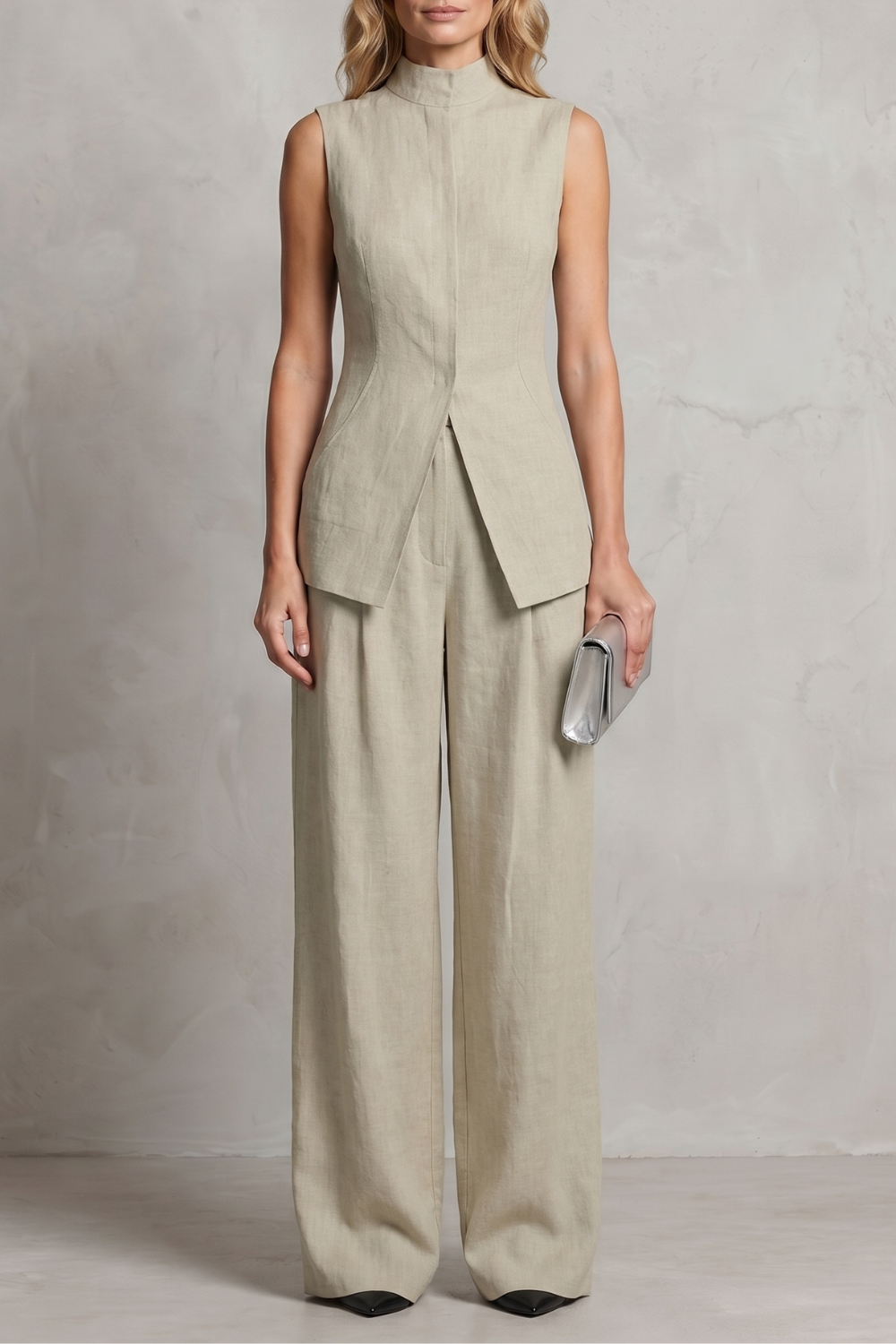 Set Women - Draped Two-Piece Outfit with Wide Leg Trousers