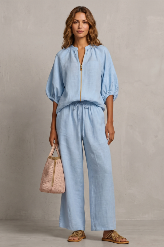 Set Women - Two-Piece Outfit with Zip Front Top and Wide Leg Trousers