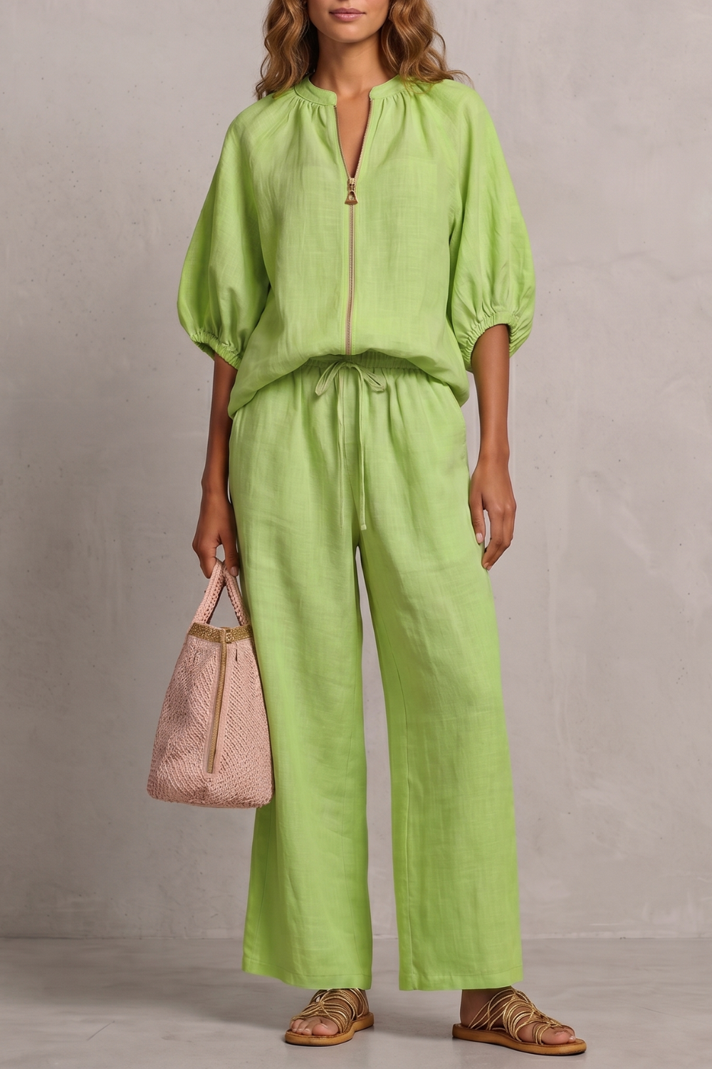 Set Women - Two-Piece Outfit with Zip Front Top and Wide Leg Trousers