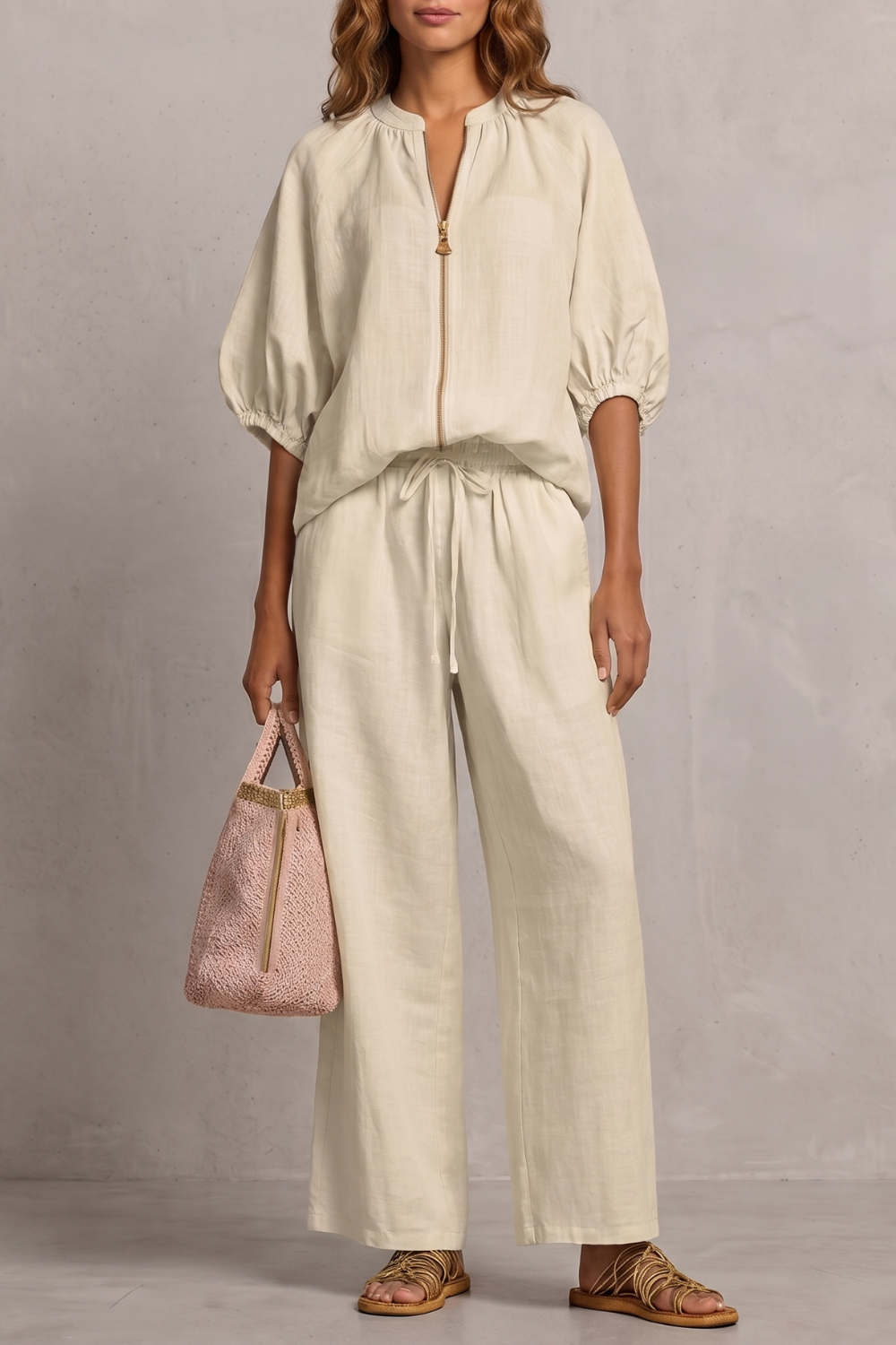 Set Women - Two-Piece Outfit with Zip Front Top and Wide Leg Trousers