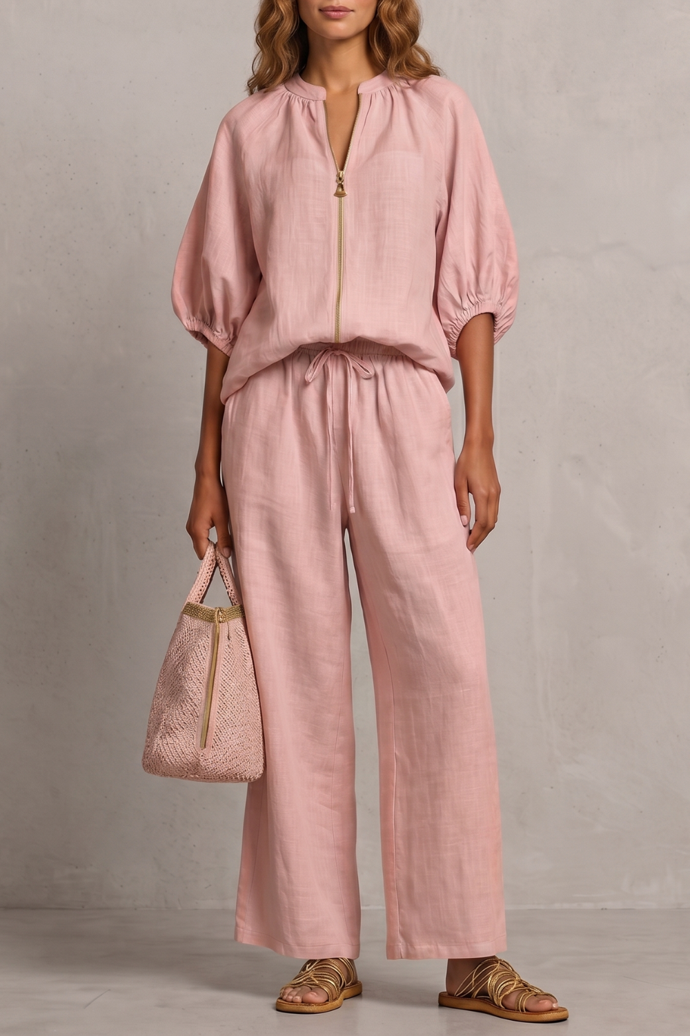 Set Women - Two-Piece Outfit with Zip Front Top and Wide Leg Trousers