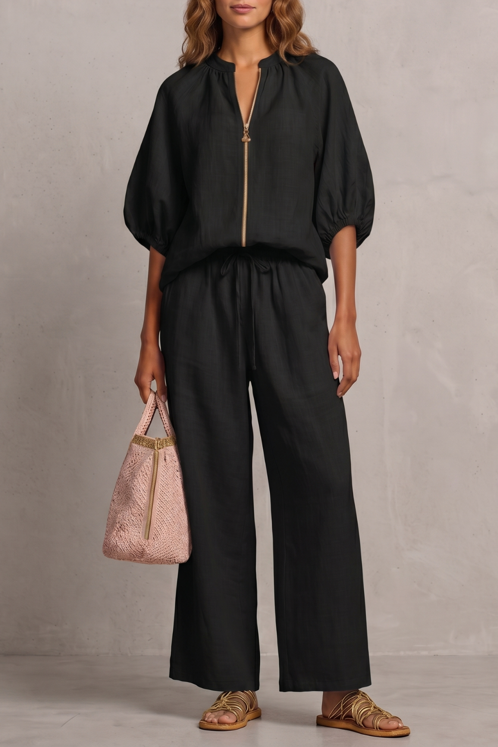 Set Women - Two-Piece Outfit with Zip Front Top and Wide Leg Trousers