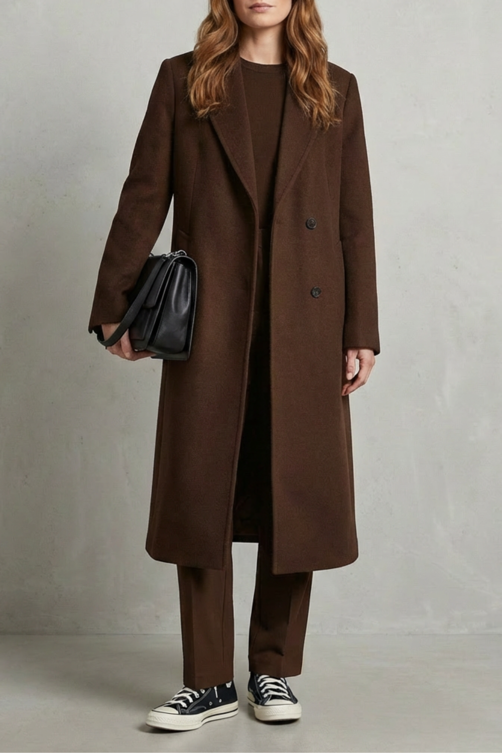 Coat Women - Wool Blend Overcoat with Herringbone Weave