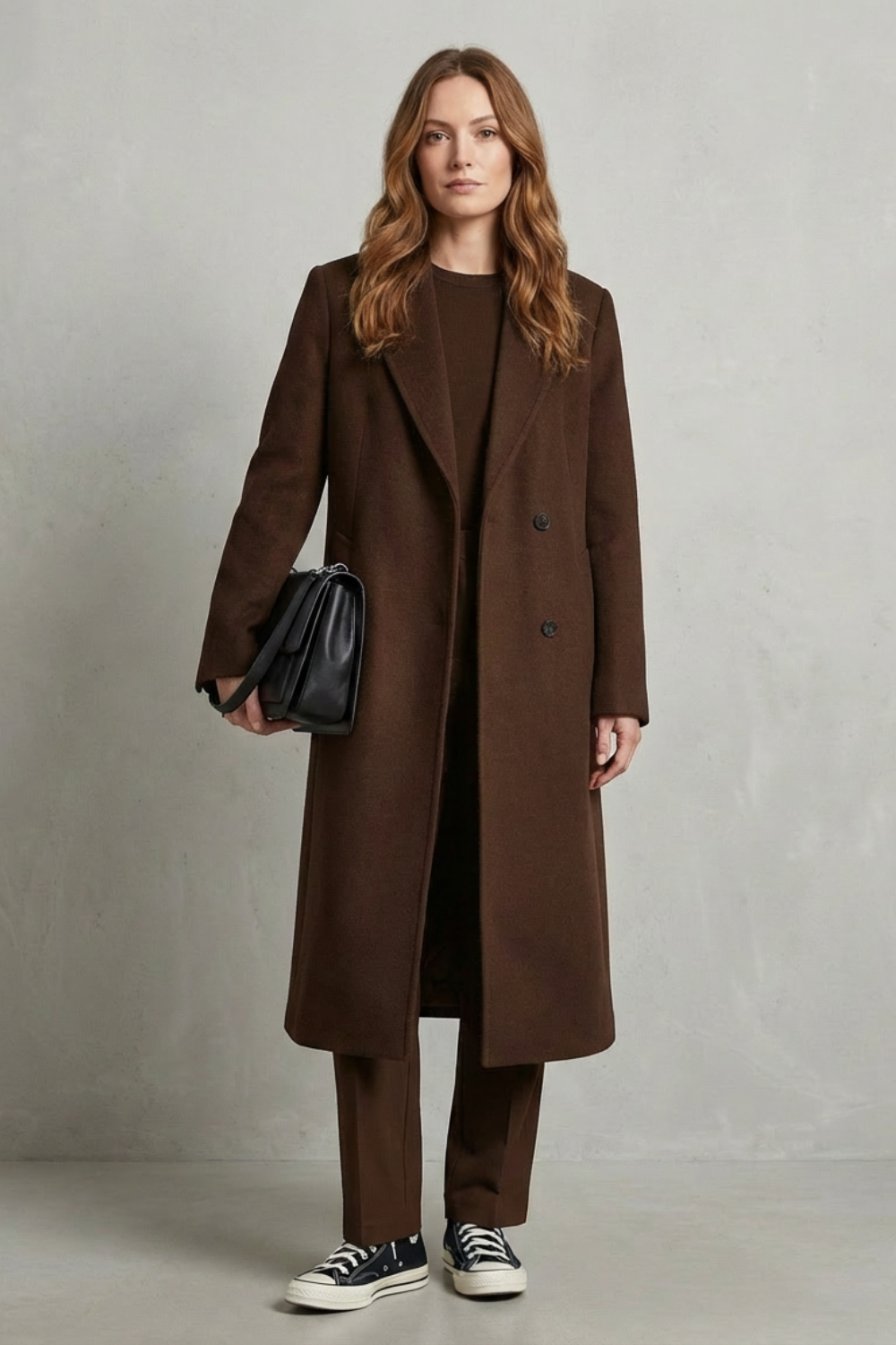 Coat Women - Wool Blend Overcoat with Herringbone Weave