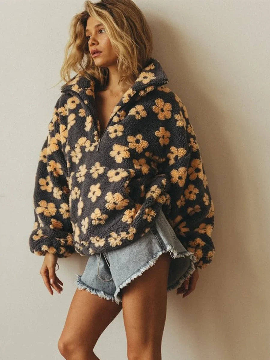 Hoodie Women - Half Zip Sweatshirt with Floral Print