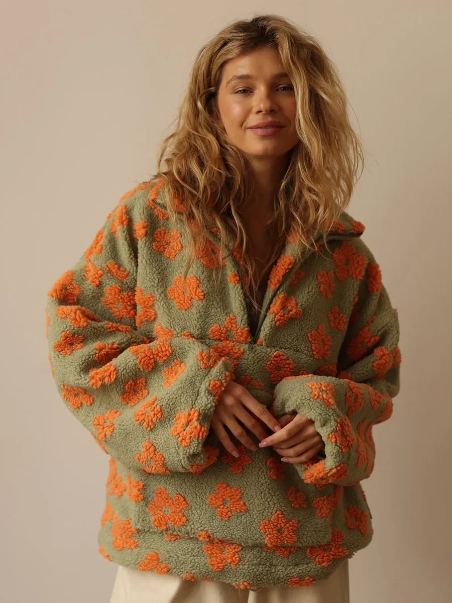 Hoodie Women - Half Zip Sweatshirt with Floral Print