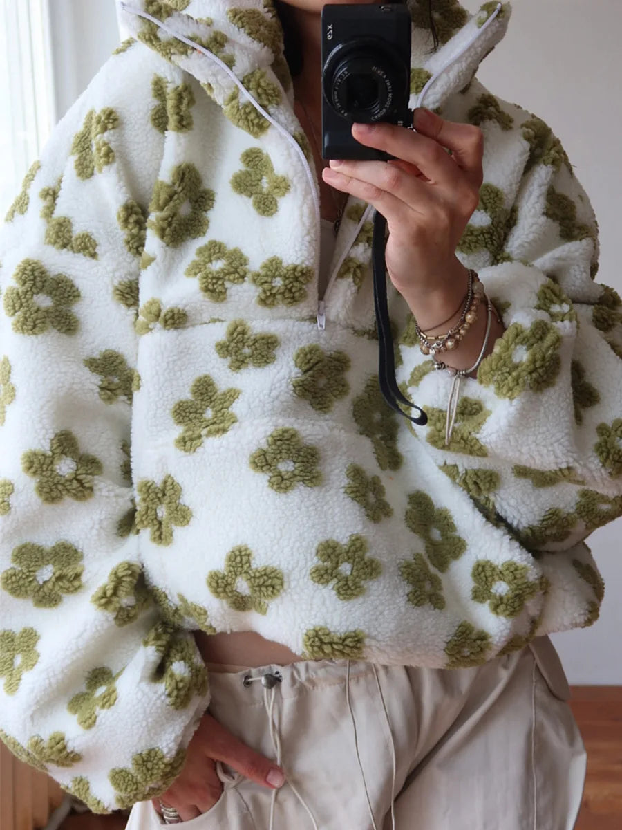 Hoodie Women - Half Zip Sweatshirt with Floral Print