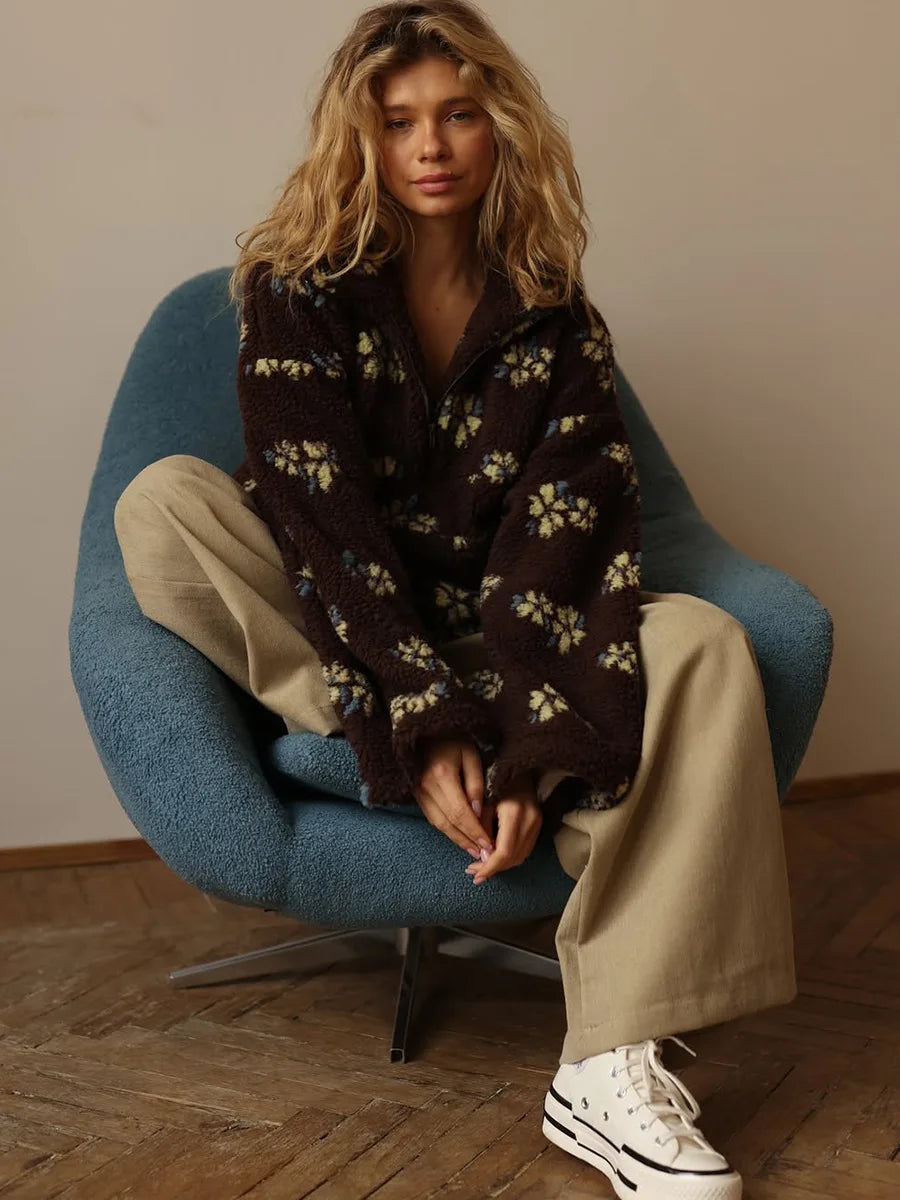 Hoodie Women - Half Zip Sweatshirt with Floral Print