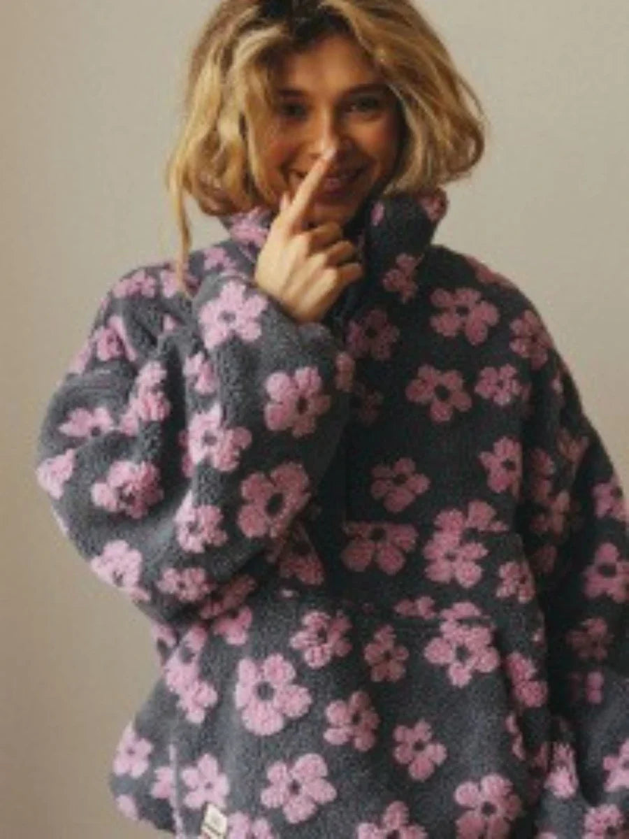 Hoodie Women - Half Zip Sweatshirt with Floral Print