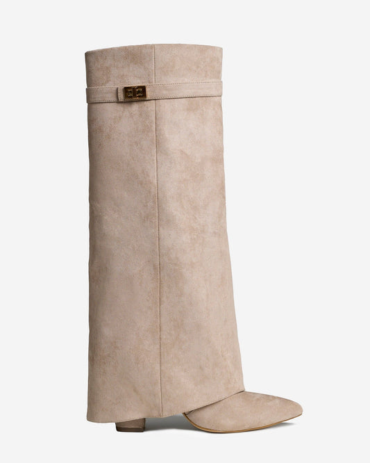 Knee High Boots Women - Fold-Over Tailored Knee High Boots with Buckle Detail