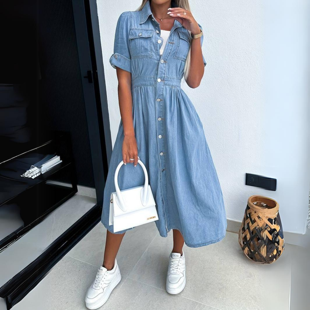 Mini Dress Women - A-Line Denim Dress with Button Front