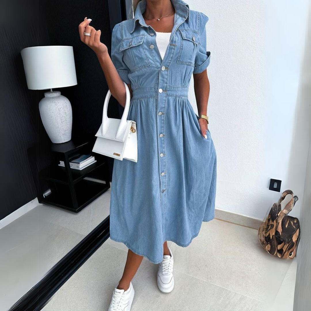 Mini Dress Women - A-Line Denim Dress with Button Front