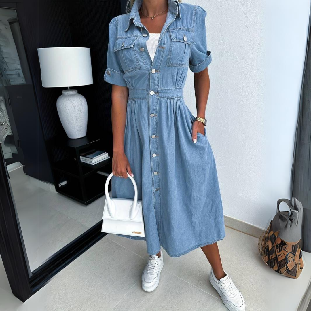 Mini Dress Women - A-Line Denim Dress with Button Front