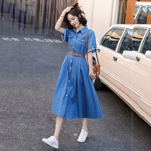 Mini Dress Women - A-Line Denim Dress with Button Front