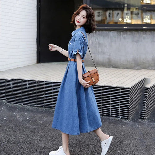 Mini Dress Women - A-Line Denim Dress with Button Front