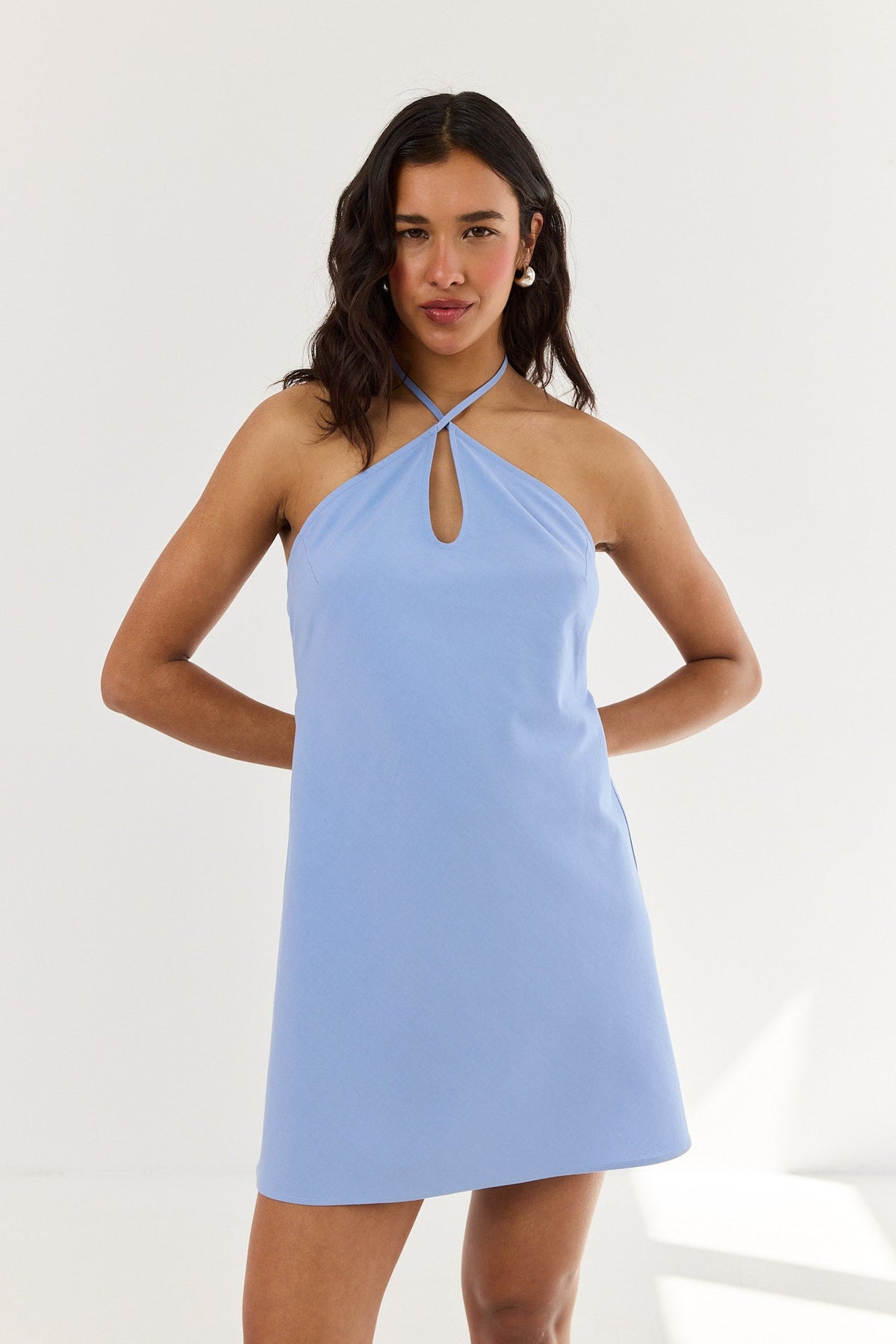 Mini Dress Women - Twist Halter Dress with Keyhole Neckline