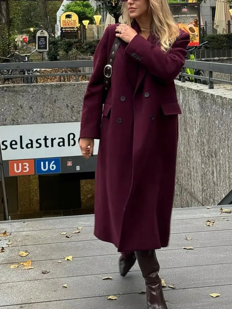 Coat Women - Double Breasted Wool Blend Coat with Lapel Collar