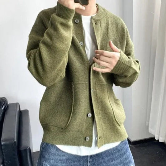 Cardigan Men - Button-Front Ribbed Cardigan with Crew Neck