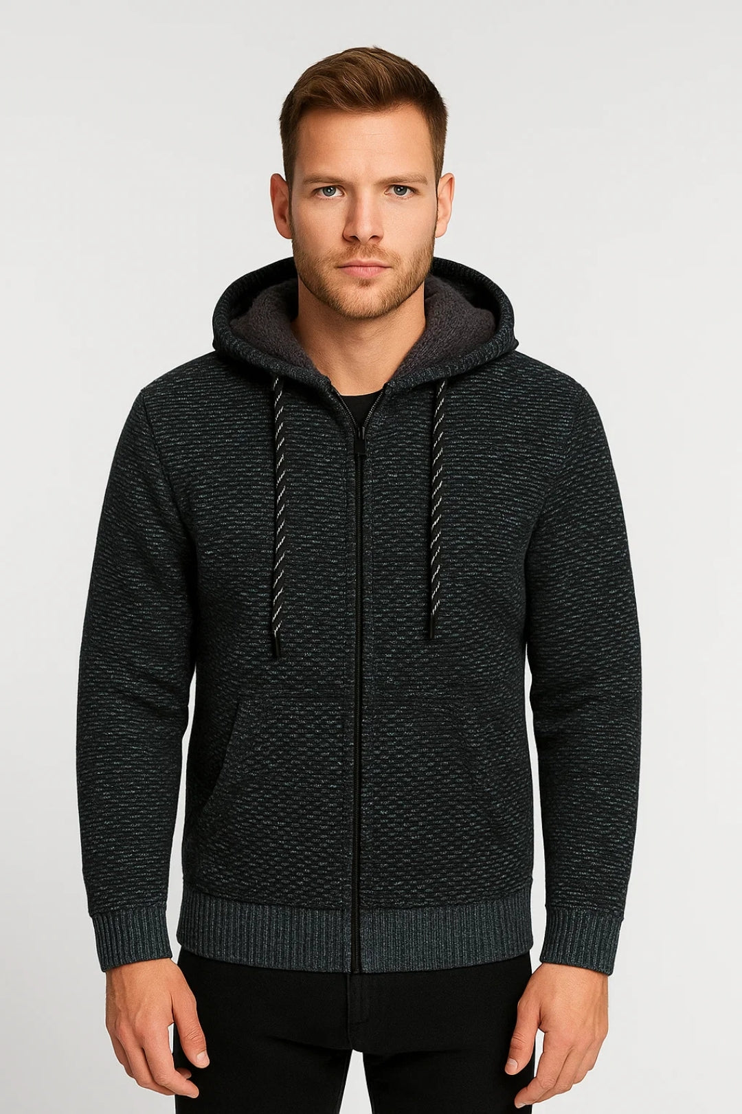 Hoodie Men - Knit Warm Lined Hoodie with Zip Detail