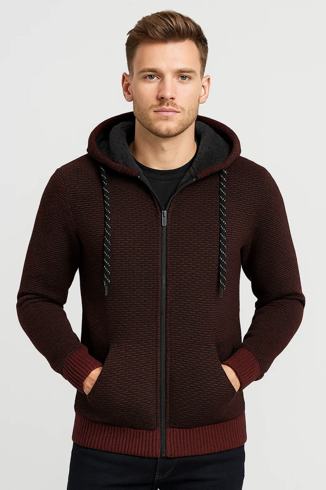 Hoodie Men - Knit Warm Lined Hoodie with Zip Detail
