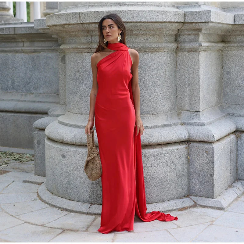 Dress Women - Satin Bodycon Dress with Off-Shoulder Neckline and Ribbon Detail