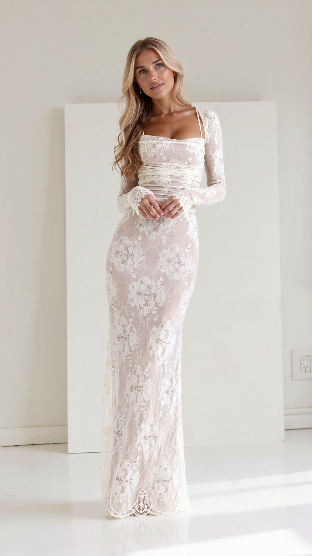 Maxi Dress Women - Lace Fitted Corset Dress with Long Sleeves