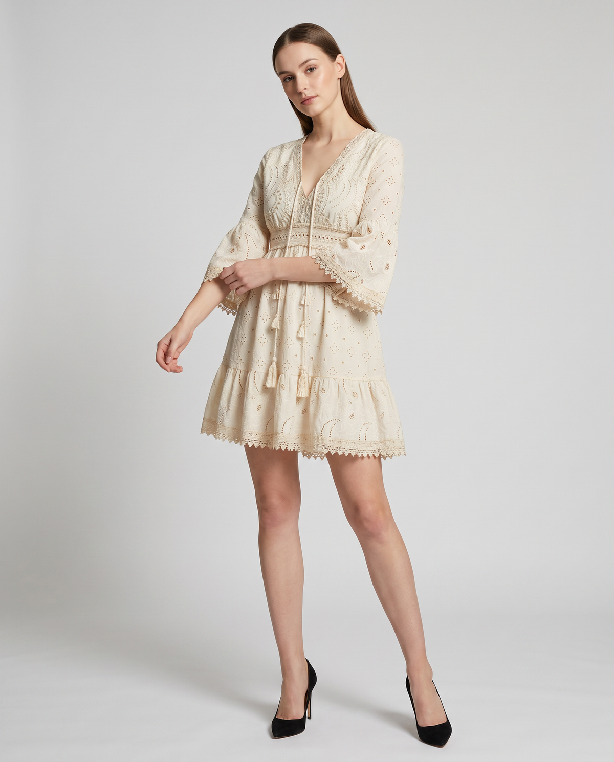 Mini Dress Women - Lace Mini Dress with V-Neckline