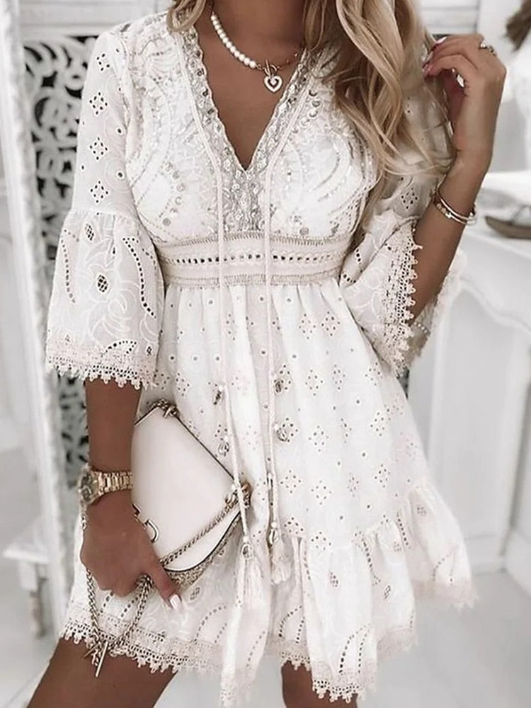 Mini Dress Women - Lace Mini Dress with V-Neckline