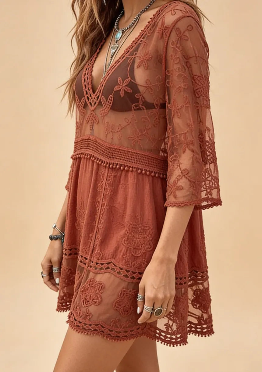Beach Dress Women - Floral Lace Dress with V-Neck