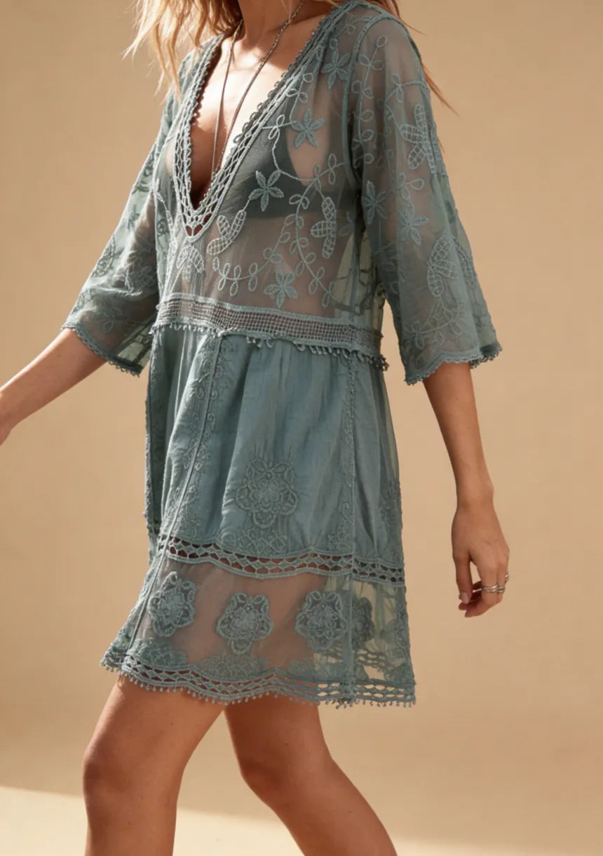 Beach Dress Women - Floral Lace Dress with V-Neck