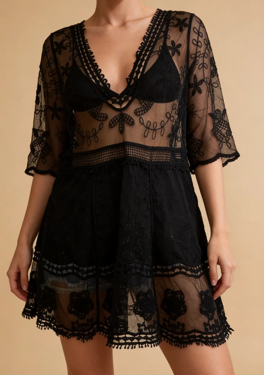 Beach Dress Women - Floral Lace Dress with V-Neck