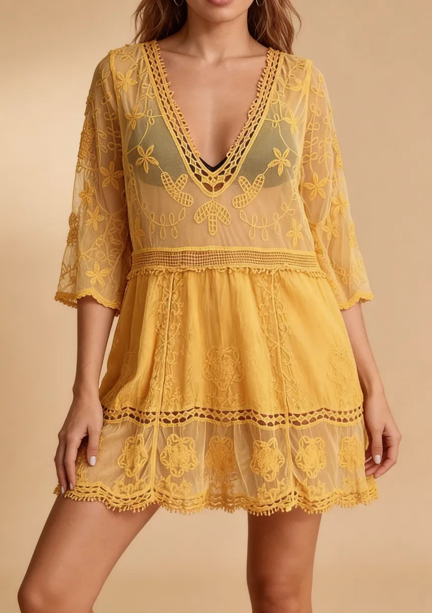Beach Dress Women - Floral Lace Dress with V-Neck