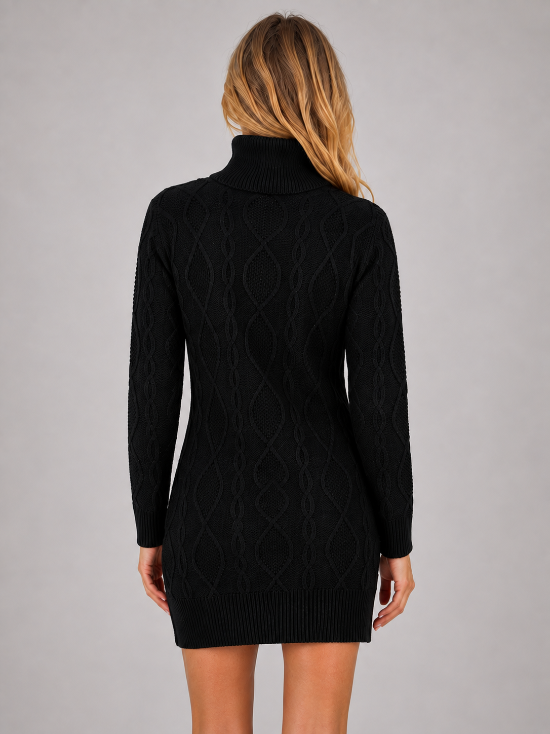 Mini Dress Women - Cable Knit Black Mini Dress with Roll Neck