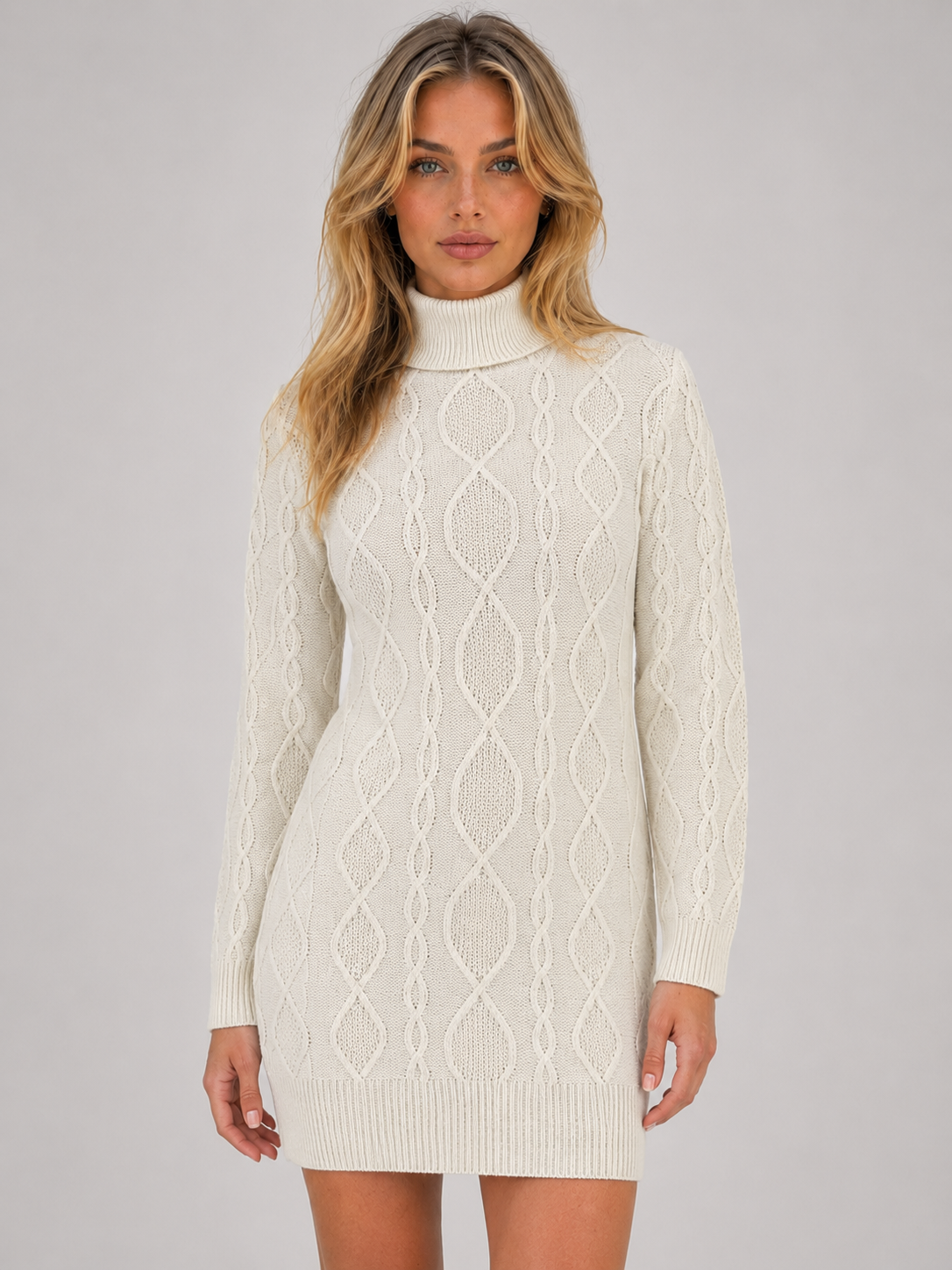 Mini Dress Women - Cable Knit Black Mini Dress with Roll Neck