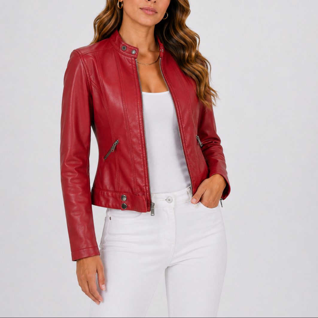 Jacket Women - Cropped Leather Look Jacket with Zip Pockets