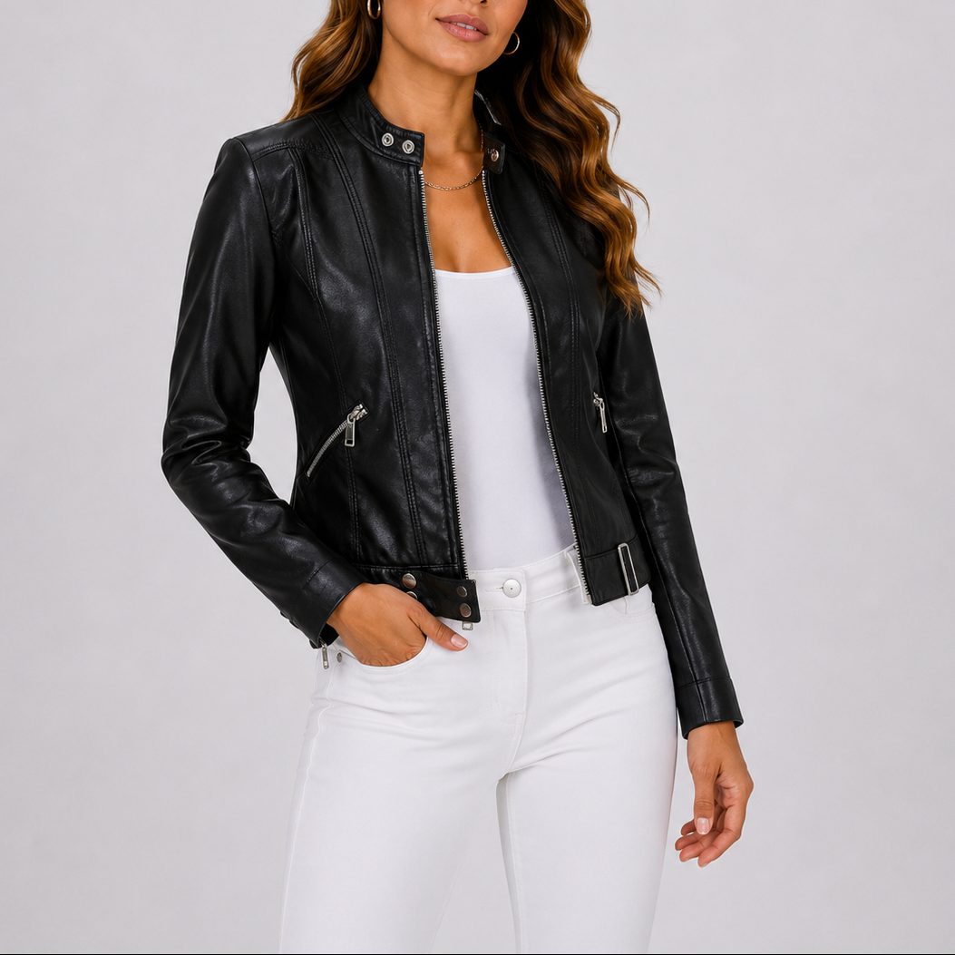 Jacket Women - Cropped Leather Look Jacket with Zip Pockets