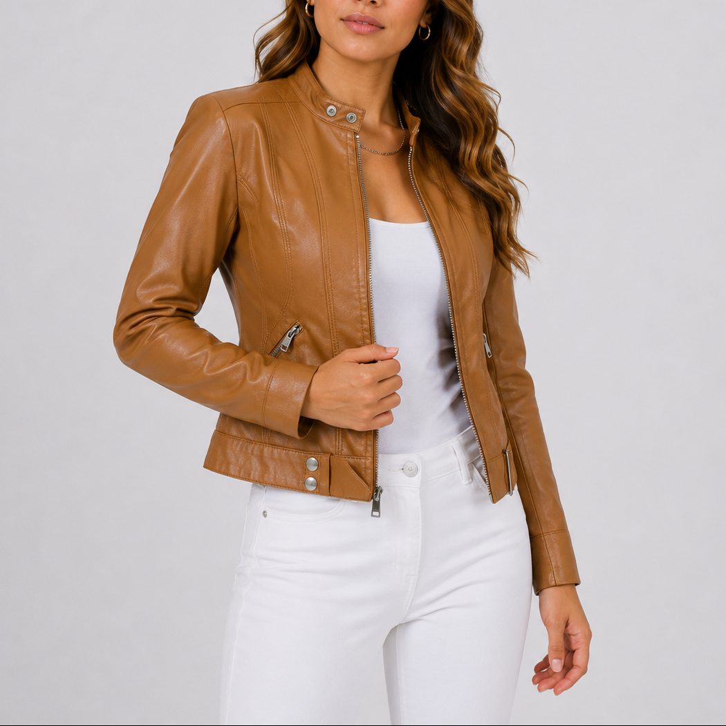 Jacket Women - Cropped Leather Look Jacket with Zip Pockets
