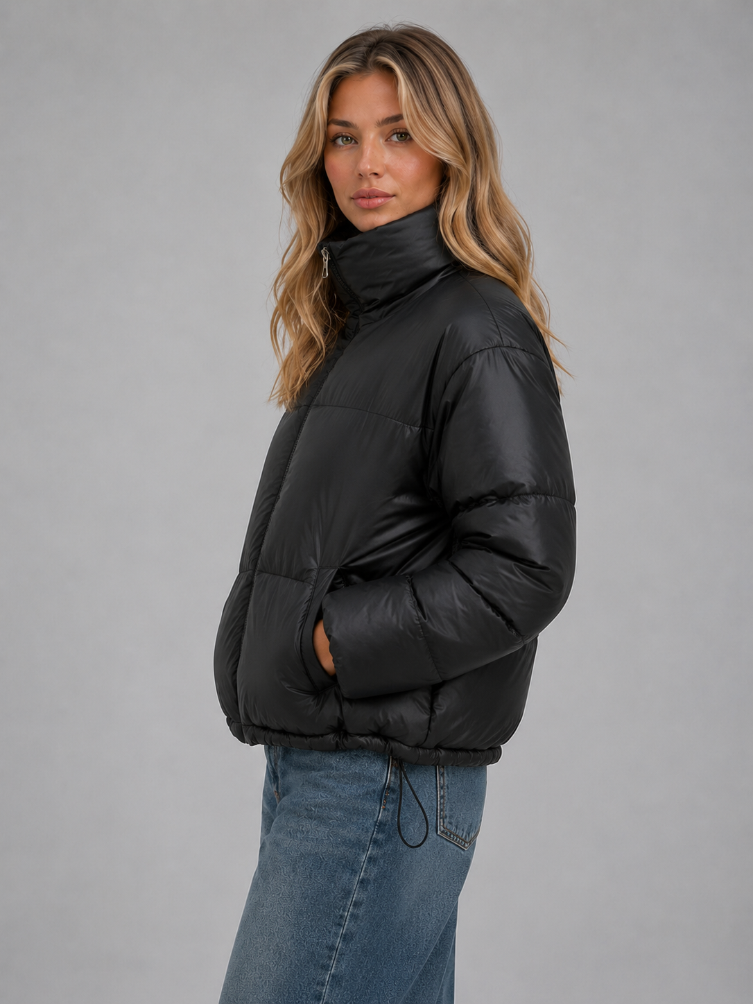 Coat Women - Quilted Padded Coat with Stand Collar