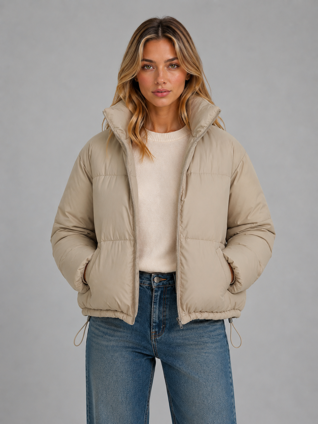Coat Women - Quilted Padded Coat with Stand Collar