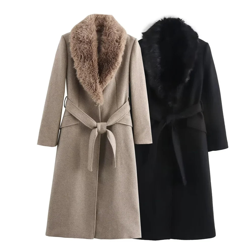 Coat Women - Longline Wool Blend Coat with Faux Fur Collar