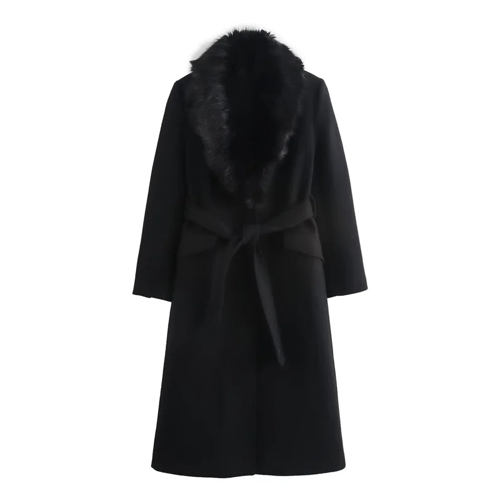 Coat Women - Longline Wool Blend Coat with Faux Fur Collar