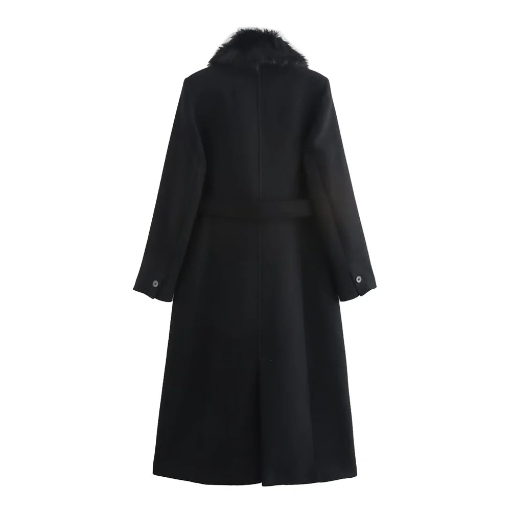 Coat Women - Longline Wool Blend Coat with Faux Fur Collar