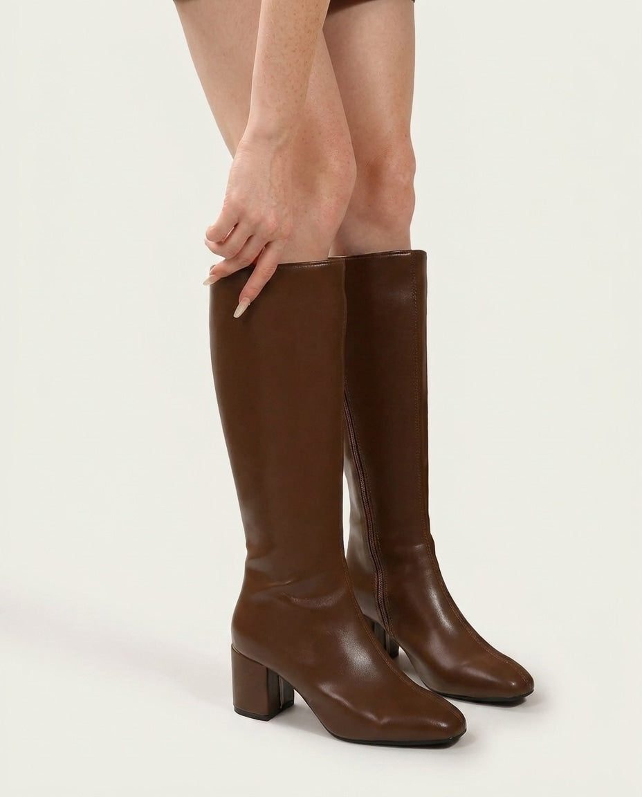 Knee High Boots Women - Leather Knee High Boots with Block Heel