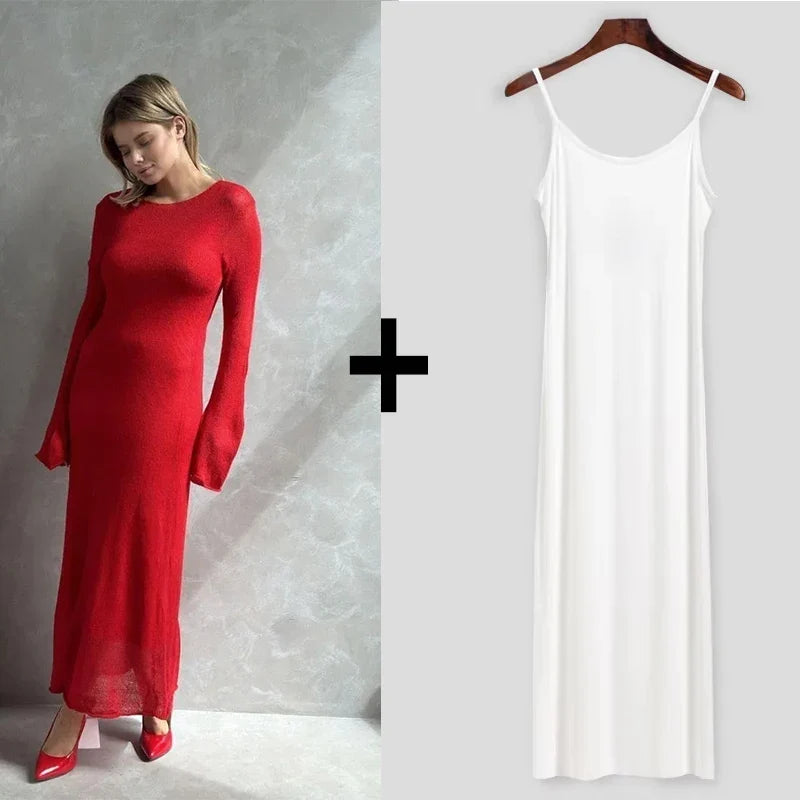 Dress Women - Knitted Midi Dress with Sweater Vest