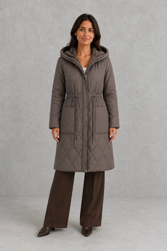 Coat Women - Long Quilted Puffer Coat with Faux Fur Collar